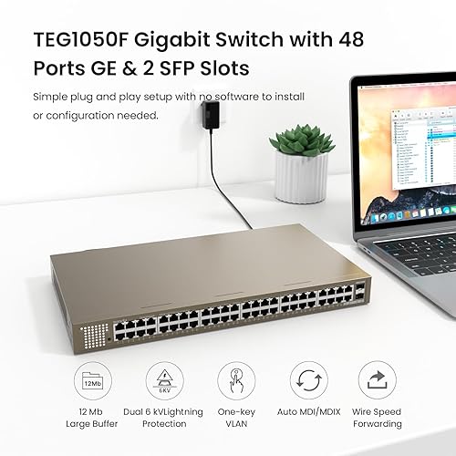 Tenda TEG1050F, 48 Port Gigabit Switch, Unmanaged Ethernet Switch with 48 Gigabit Ports & 2 SFP Slots, Plug & Play, Desktop/ Rack-Mount, Fanless & Metal Design, Limited Lifetime Protection