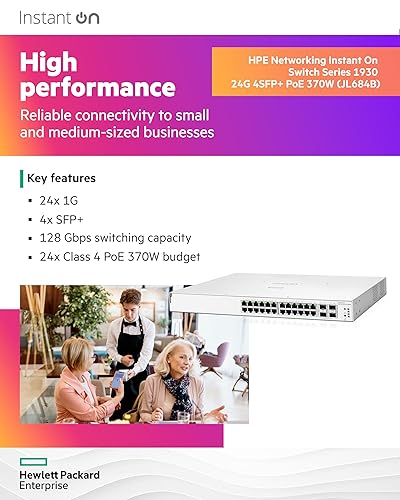 HPE Networking Instant On Switch Series 1930 24-Port Gb Smart-Managed Layer 2+ Ethernet Switch with PoE | 24x 1G | 4X SFP+ | 24x CL4 PoE 370W | US Cord (JL684B#ABA)