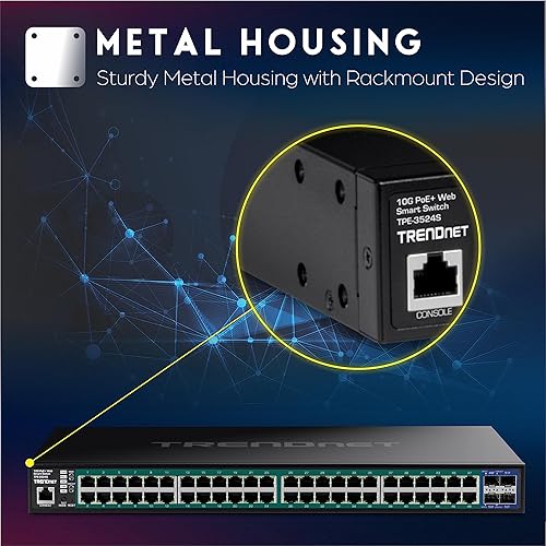 TRENDnet 52-Port Gigabit Web Smart PoE+ Switch with 10G SFP+ Ports, TPE-3524S, 48 x Gigabit PoE+ Ports, 4 x 10 SFP+ Ports, 410W PoE Power Budget, Lifetime Protection, Black