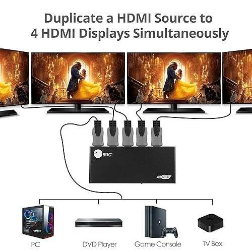 SIIG HDMI Splitter 1 in 4 Out Intelligent Video Downscaling 4K 60Hz HDR HDCP Bypass 2.2 EDID Management Digital and PCM 7.1 Audio (CE-H26C11-S1) 1x4 HDMI Splitter