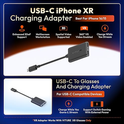 VITURE USB- C XR Charging Adapter for USB-C iPhone, Enabling Multi-Screen, Enhanced 3DoF, Spatial 3D, VR Video Features, Fits iPhone 16/15, Charge and Play for Other Devices