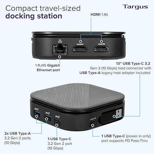 Targus USB-C Universal Dual HD Docking Station with 80W PD Pass-Thru, Docking Station Dual Monitor (HD) or Single Monitor (2K), TAA Compliant Laptop Docking Station w/DisplayLink (DOCK116GLZ)