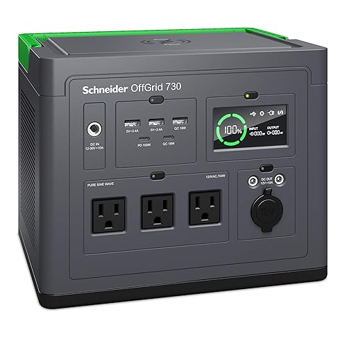 Schneider OffGrid Portable Power Station 738W / 728Wh Portable Solar Generator for Camping or Home, PPS730, Wireless phone charger, solar generator options 738Wh
