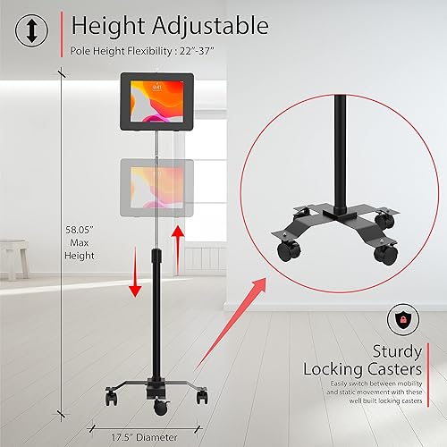 Locking Floor Stand - CTA Compact Mobile Floor Stand with Universal Locking Paragon Enclosure for iPad 9th Gen 10.2”, Galaxy Tab 9.7”, Surface Go 3, & More (PAD-PARACGS) - Black