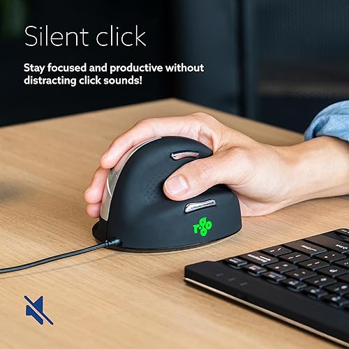 R-Go HE Vertical Ergonomic Mouse, with Break Software, USB-C Wired (USB A Converter), Prevents Tennis Elbow/Mouse Arm RSI, Silent Click, 5 Buttons - for Windows/MacOS, Black/Silver