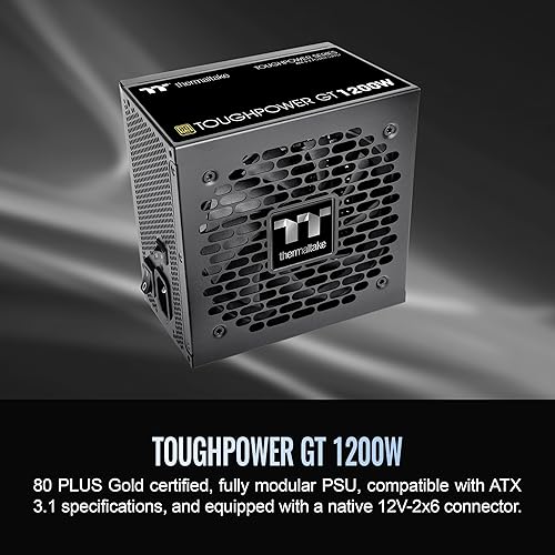 Thermaltake Toughpower GT 1200W; ATX 3.1; x2 Native PCIe 5.1 12V-2x6; Full Modular; Flat Cables; Color Matched Connectors; Japanese Main Capacitors; 80 Plus Gold; 140mm; Black; PS-TPT-1200FNFAGU-3