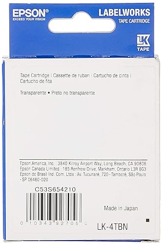Epson LabelWorks Clear LK (Replaces LC) Tape Cartridge 1/2 Black on Clear (LK-4TBN) - for use with LabelWorks LW-300, LW-400, LW-600P and LW-700 Label Printers