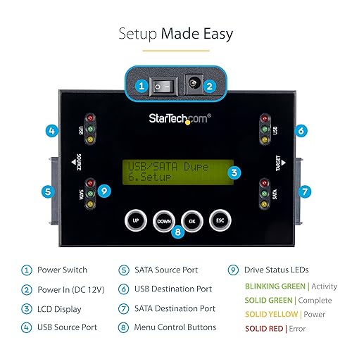 StarTech.com 1:1 Standalone Hard Drive Duplicator & Eraser, USB Thumb Drive and SATA HDD/SSD Disk Cloner & Eraser, LCD Display, TAA Compliant, OS Independent (SU2DUPERA11) SATA/ USB