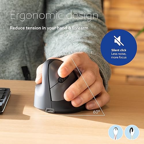 R-Go HE Ergonomic Mouse Wireless, for Left Hands, Bluetooth 5.0, Silent Click, with Anti-RSI Software, Prevention Mouse arm, Rechargeable, Vertical Mouse for Windows/Mac, 5 Buttons, Black