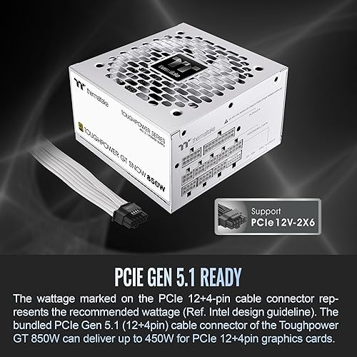 Thermaltake Toughpower GT 850W Snow ATX 3.1 Power Supply; 80 Plus Gold Efficiency; Smart Zero Fan; Native 600W PCIe 5.1 Connector; PS-TPT-0850FNFAGU-W; 5 Year Warranty 850W Gold (ATX 3.1)