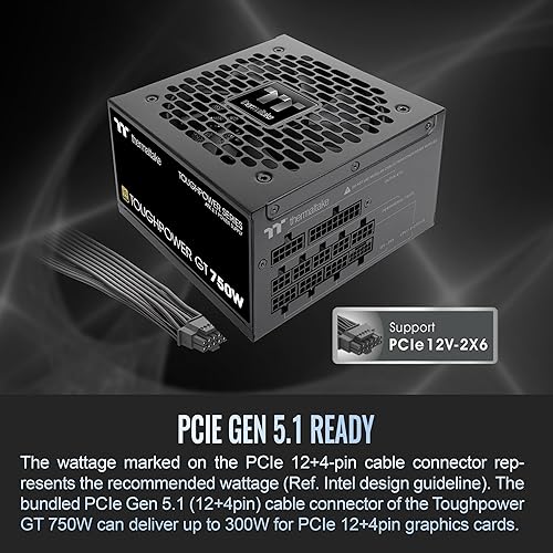 Thermaltake Toughpower GT 750W ATX 3.1 Standard Power Supply; 80 Plus Gold Efficiency; Smart Zero Fan; Native 300W PCIe 5.1 Connector; PS-TPT-0750FNFAGU-3; 5 Year Warranty