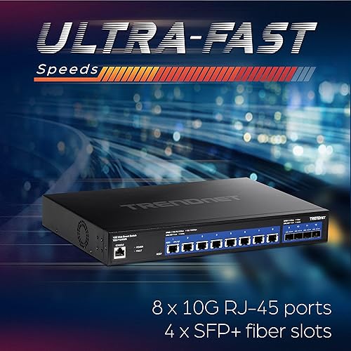 TRENDnet 12-Port 10G Web Smart Switch, 8 x 10G RJ-45 Ports, 4 x SFP+ Slots, VLAN, QoS, LACP, and IPv6 Support, Web Smart Management, Rack Mountable Housing, Lifetime Protection, Black, TEG-7124WS 8 Port 10G + 4 Port SFP+ Web Smart