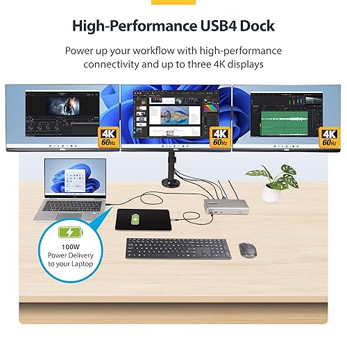 StarTech.com USB-C Docking Station (USB4), Triple 4K 60Hz Monitors, Up to 100W Laptop Charging, 2.5GbE, Driverless, Not macOS Compatible Triple Monitor Triple 4K60 USB4