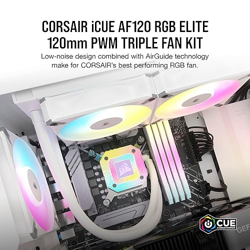 Corsair iCUE AF120 RGB Elite 120mm PWM Triple Fan Kit - Eight RGB LEDs Per Fan - AirGuide Technology - Fluid Dynamic Bearing - Zero RPM Fan Mode - Included iCUE Lighting Node CORE Controller - White