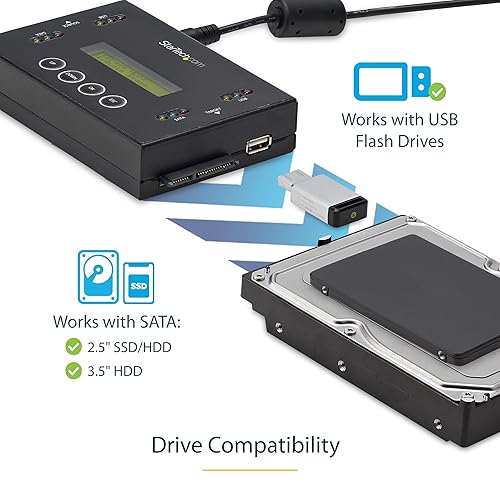 StarTech.com 1:1 Standalone Hard Drive Duplicator & Eraser, USB Thumb Drive and SATA HDD/SSD Disk Cloner & Eraser, LCD Display, TAA Compliant, OS Independent (SU2DUPERA11) SATA/ USB