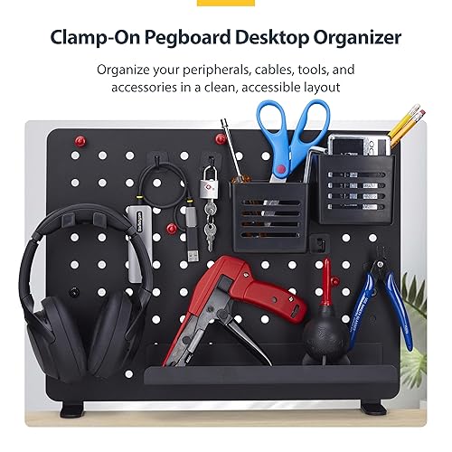 StarTech.com Clamp-On Pegboard with Accessories, 16.5 x 12.5in, Steel Peg Board, Desktop Storage Organizer, Black