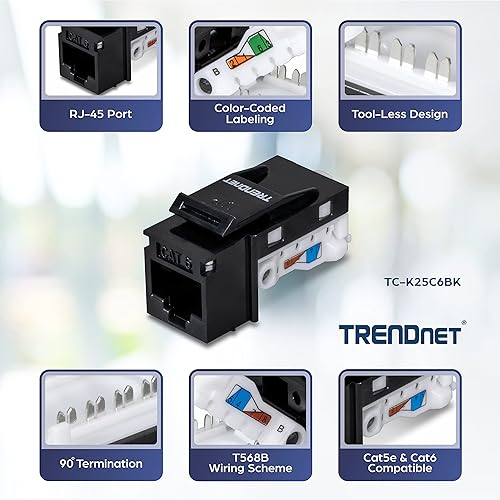 TRENDnet Cat6 Keystone Jack, 25-Pack Bundle, 90° Angle Termination, Compatible with Cat5, Cat5e, & Cat6 Cabling, Color-Coded Labeling for T568B Wiring, Gold-Plated Contacts,TC-K25C6BK 25-Pack Keystone Jacks - Black
