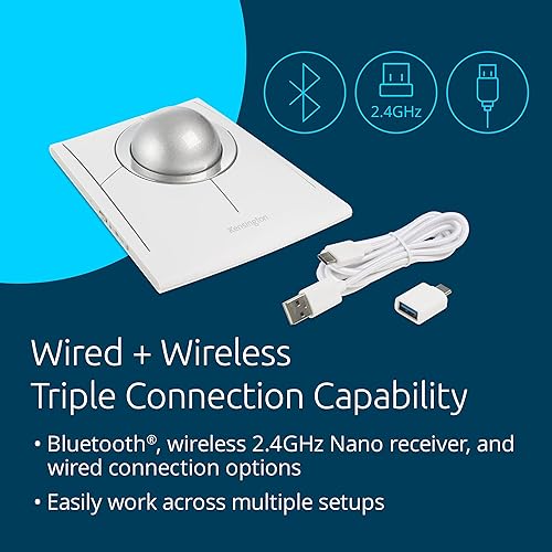 Kensington SlimBlade Pro EQ Wireless Trackball, Bluetooth, 2.4GHz Connection, Rechargeable, Programmable Buttons, White/Silver Ball