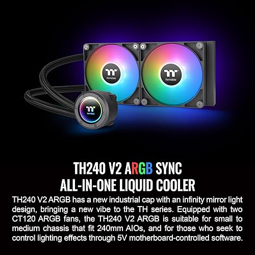Thermaltake TH240 ARGB Sync V2 CPU Liquid Cooler/AlO Liquid Cooling/Fan 120mm*2/PWM 500~2000 RPM/Mirror Waterblock/MB ARGB Sync Control, CL-W361-PL12SW-A ARGB V2 240mm Black