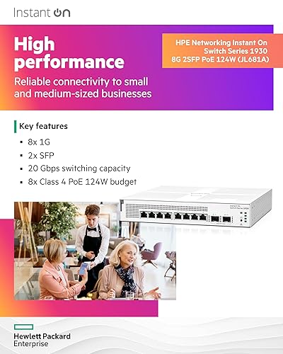 HPE Networking Instant On Switch Series 1930 8-Port Gb Smart-Managed Layer 2+ Ethernet Switch with PoE | 8X 1G | 2X SFP | 8X CL4 PoE 124W | US Cord (JL681A#ABA)
