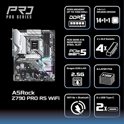 ASRock Z790 Pro RS WiFi, Intel 12th and 13th Generation CPU (LGA1700), Z790 Chipset, DDR5 ATX Motherboard