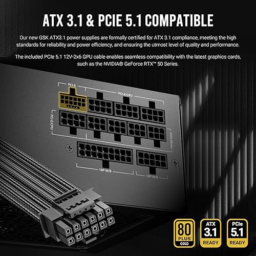 ANTEC GSK850 V2 ATX3.1, 750W Full Modular PSU, 80 Plus Gold Certified, PCIE 5.1 Support, PhaseWave Design, Zero RPM Manager, 120mm Silent Fan, 10-Year Warranty, Braised Cable