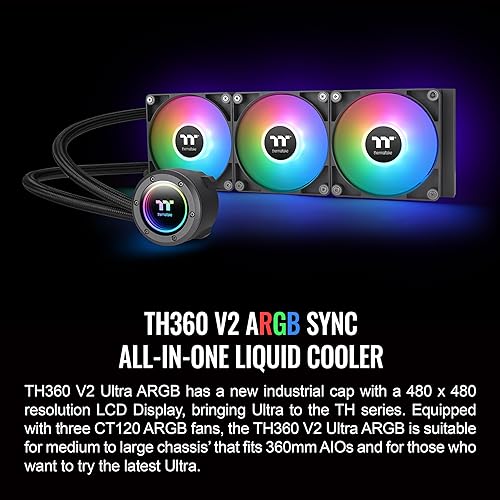 Thermaltake TH360 ARGB Sync V2 CPU Liquid Cooler/AlO Liquid Cooling/Fan 120mm*3/PWM 500~2000 RPM/Mirror Waterblock/MB ARGB Sync Control, CL-W362-PL12SW-A ARGB V2 360mm Black