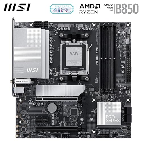 MSI PRO B850M-A WiFi Motherboard, mATX - Supports AMD Ryzen 9000/8000 / 7000 Processors, AM5 - DDR5 Memory Boost (8200+ MT/s OC), PCIe 5.0 x16 & 4.0 x4, M.2 Gen5, Wi-Fi 7, 5G LAN