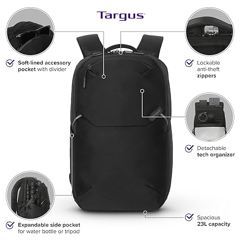 Targus 15-16” Work+ EcoSmart Backpack – Detachable Tech Organizer, Lockable Zippers, Recycled Materials, 23L Capacity, Water Bottle Pocket, Anti-Theft Design - TBB657GL