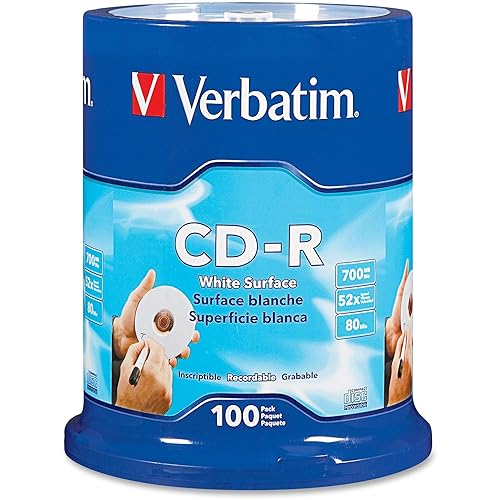 Verbatim CD-R 700MB 80 Minute 52x Recordable Disc With Blank White Surface - 100 Pack Spindle