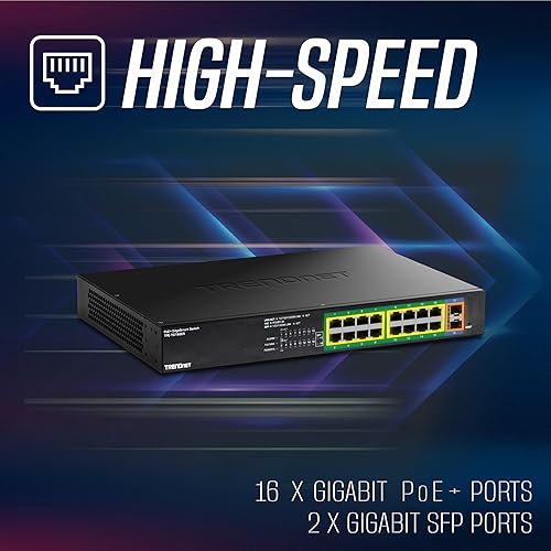 TRENDnet 18-Port Gigabit EdgeSmart PoE+ Switch, TPE TG182ES, 240W PoE Power Budget, 16 x Gigabit PoE+ Ports, 2 x Gigabit SFP Ports, Managed Network Ethernet Switch, Lifetime Protection, Black