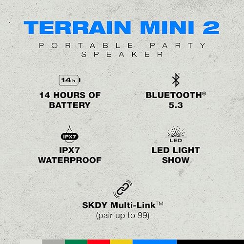 Skullcandy Terrain Mini 2 Wireless Bluetooth Speaker, IPX7 Water Resistant, 14H Battery, Multi-Link, LED Light Show, Lightweight & Portable (Black)