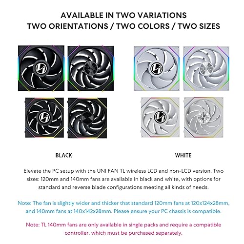 Lian Li UNI Fan TL - LCD Wireless 140 - Single Pack (Reverse Blade) - 2.4 GHz Wireless Signal ARGB Fan & Dual-Zone Lighting Control - 140mm - Controller NOT Included & Required -White (14RTLLCD1W1W) LCD 1 x 140mm Reverse White