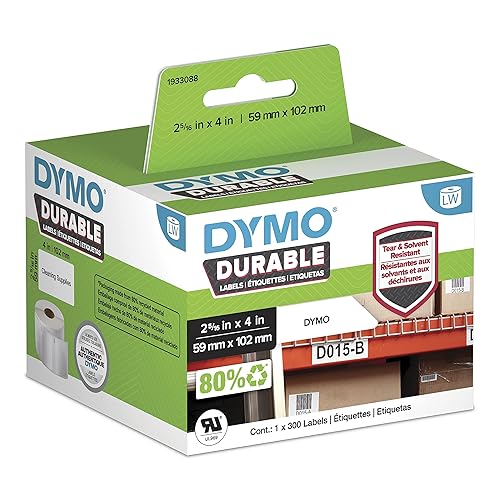 DYMO LW Durable Industrial Labels for LabelWriter Label Printers, White Poly, 2-5/16” x 4”, 1 Roll of 300 2-5/16” x 4” Standard Packaging