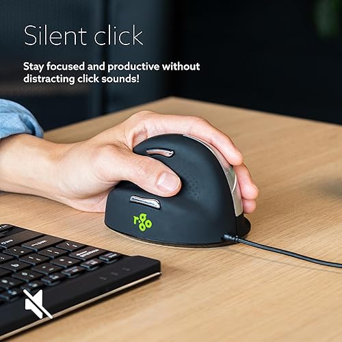 R-Go HE Vertical Ergonomic Mouse, Large Left Hand, Break Software, USB-C/A Wired, Prevents Tennis Elbow/Mouse Arm RSI, Silent Click, 5 Buttons - Compatible Windows/Mac, Black Left Handed - Wired Black/Silver