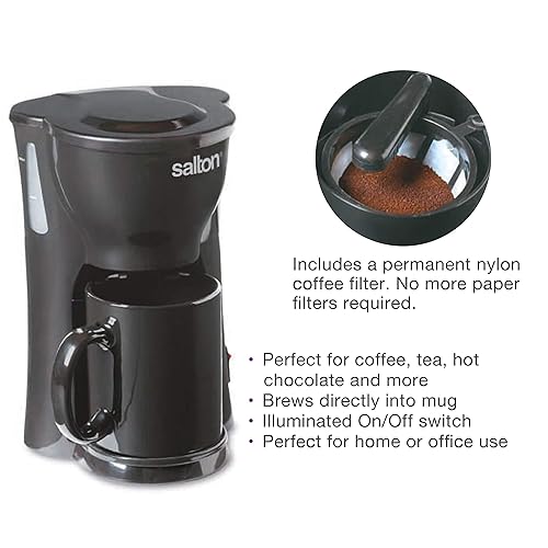 Salton 1 Cup Mini Single Serve Coffee Maker with Reusable Mesh Filter, With Bonus Ceramic Mug for Home or Office, Compact 10 Oz, Black (FC1205) Black Drip Maker