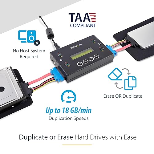 StarTech.com 1:1 Standalone Hard Drive Duplicator & Eraser, USB Thumb Drive and SATA HDD/SSD Disk Cloner & Eraser, LCD Display, TAA Compliant, OS Independent (SU2DUPERA11) SATA/ USB