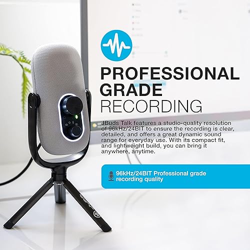 JLab JBuds Talk USB Microphone | White | USB-C Output | Cardioid, Omni, Stereo, and Bi-Directional | 96k Sample Rate | Volume Control, Gain Control, and Quick Mute | 3.5mm AUX | Plug and Play