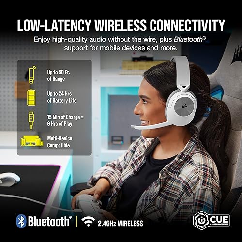 Corsair HS55 Wireless Gaming Headset - Low-Latency 2.4GHz Wireless or Bluetooth®, Dolby® Audio 7.1 Surround Sound, Lightweight, Omni-Directional Microphone, On-Ear Audio Controls - White