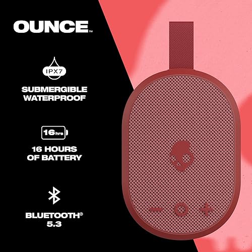 Skullcandy Ounce Wireless Bluetooth Speaker - IPX7 Waterproof Mini Portable Speaker with 16 Hour Battery, Downward Firing Passive Radiator, and Ballistic Nylon Carry Strap Red