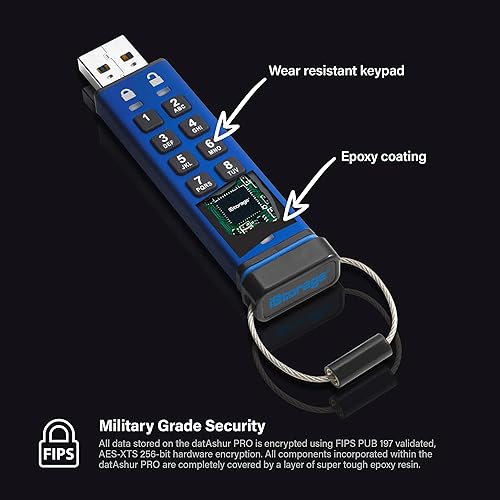 iStorage Datashur Pro 256-bit 8GB USB 3.0 Secure Encrypted Flash Drive IS-FL-DA3-256-8, Blue