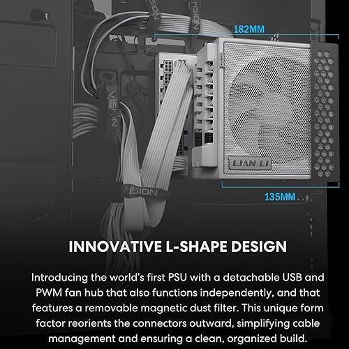 Lian Li Edge Serie - 1200W Full Modular Power Supply (Fan USB Hub Included) - Gold - ATX 3.1 - PCIE 5.1 Support - 12V-2x6 Connector - L-Shape Design for Dual Chamber Case - White (EG1200G.WH)