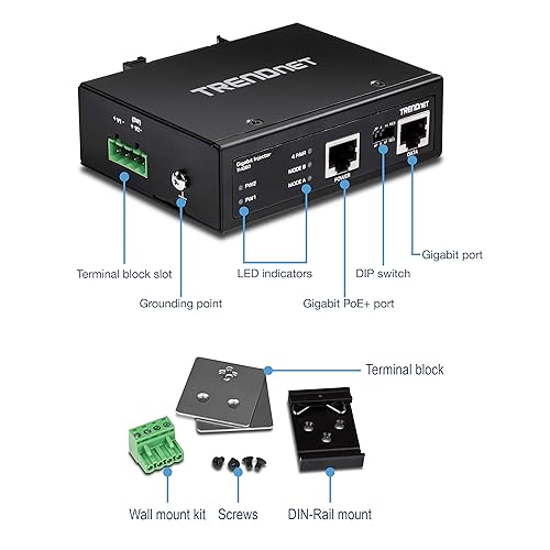 TRENDnet Hardened Industrial 60W Gigabit PoE+ Injector, DIN-Rail Mount, IP30 Rated Housing, Includes DIN-Rail & Wall Mounts, TI-IG60