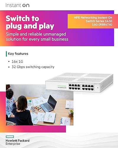 HPE Networking Instant On Switch Series 1430 16-Port Gb Unmanaged Layer 2 Ethernet Switch | 16x 1G | Fan-Less | US Cord (R8R47A#ABA) 16G