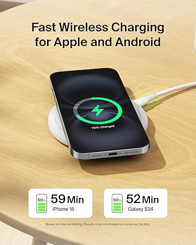 Belkin Wireless Charging Pad 15W - Qi Charger, Charging Station for Apple iPhone 16, iPhone 15/14/13 Series, AirPods, Samsung Galaxy S25, Galaxy S24, Pixel - Power Supply and Cable Included - White