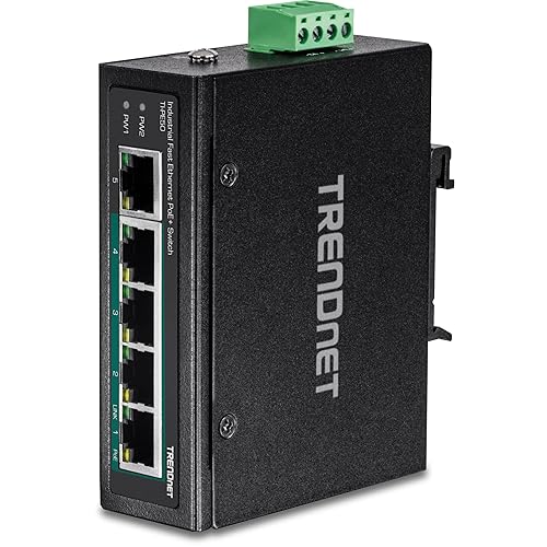 TRENDnet 5-Port Industrial Fast Ethernet DIN-Rail Switch, 4 x Fast Ethernet PoE+ Ports, 1 x Fast Ethernet Port, 90W PoE Power Budget, DIN-Rail, IP30 Rated, Lifetime Protection, Black, TI-PE50 5 Port Switch