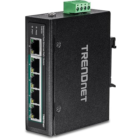 TRENDnet 5-Port Industrial Fast Ethernet DIN-Rail Switch, 4 x Fast Ethernet PoE+ Ports, 1 x Fast Ethernet Port, 90W PoE Power Budget, DIN-Rail, IP30 Rated, Lifetime Protection, Black, TI-PE50 5 Port Switch