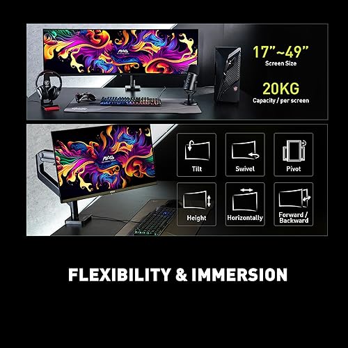 MSI MAG MT201 - Premium Heavy Duty Single Monitor Stand Arm, Supports 17-49 Screens and 44 lbs, VESA Compatible, Adjustable Spring Assisted Mount, Clamp & Grommet, Quick Release Plate - Black