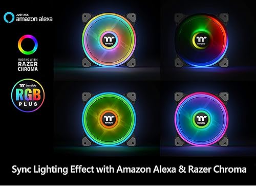 Thermaltake Riing Quad 140mm 16.8 Million RGB Color (Alexa, Razer Chroma) Software Enabled 4 Light Rings 54 Addressable LED 9 Blades Hydraulic Bearing Case/Radiator Fan, 3 Pack, CL-F089-PL14SW-B