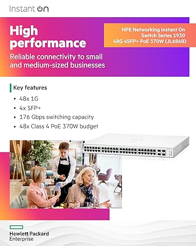 HPE Networking Instant On Switch Series 1930 48-Port Gb Smart-Managed Layer 2+ Ethernet Switch with PoE | 48x 1G | 4X SFP+ | 48x CL4 PoE 370W | US Cord (JL686B#ABA)